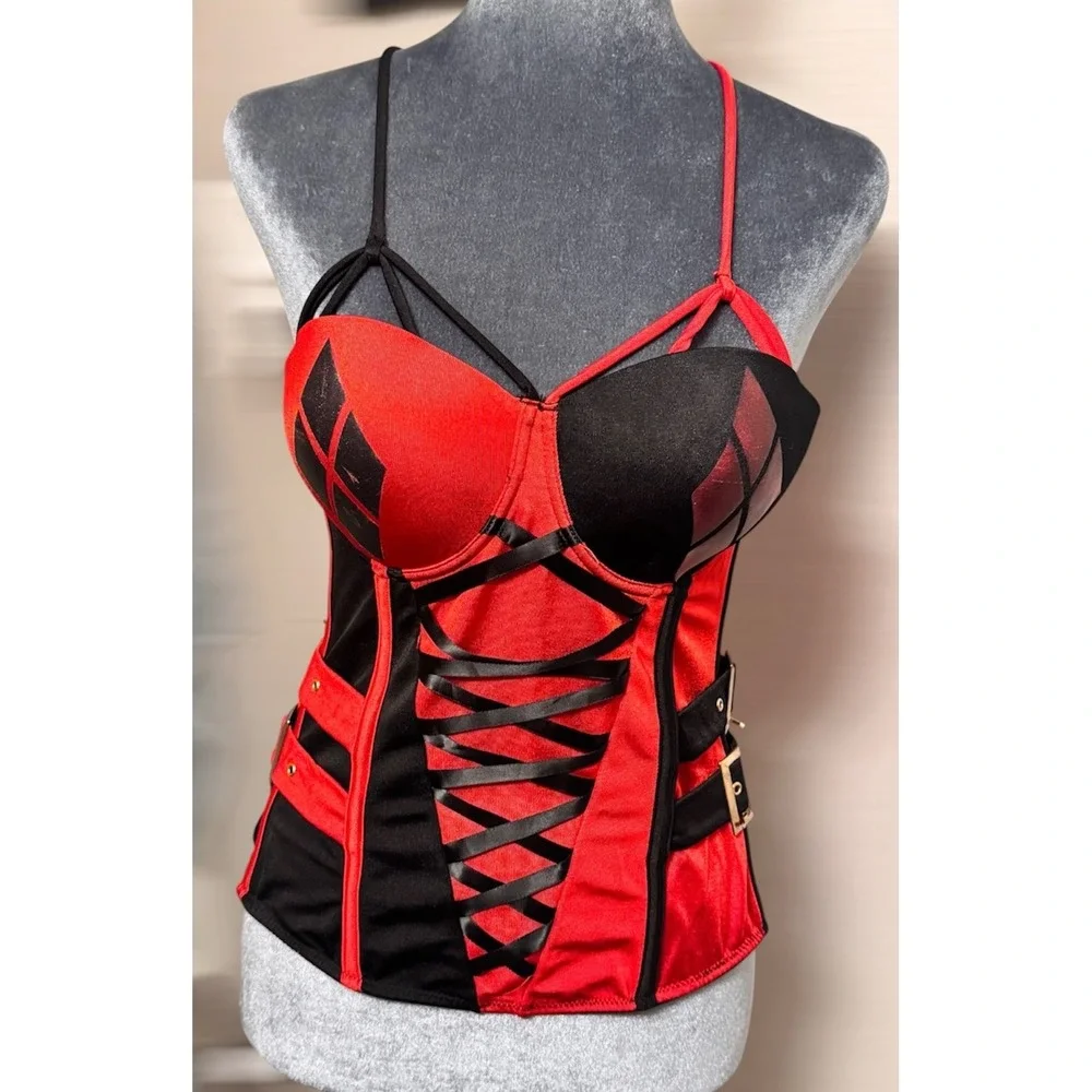 Original DC Comics Harley Quinn Deluxe Costume Corset Top – Red & Black M/L - Picture 1 of 9